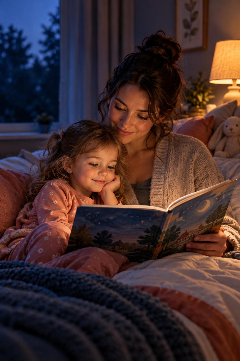 A mother and daughter reading a paper book together